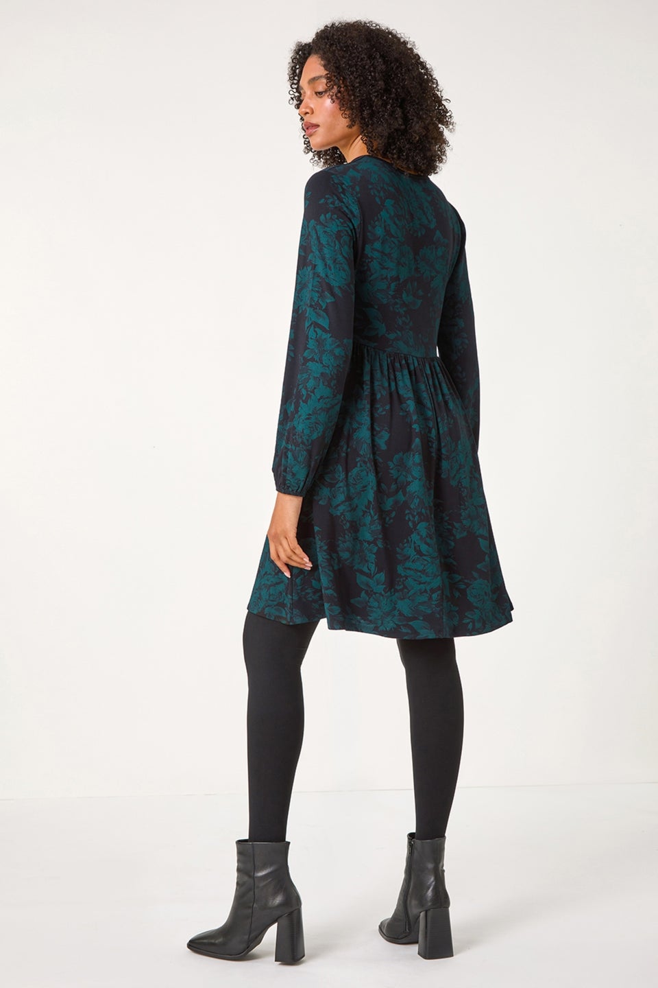 Roman Dark Green Floral Contrast Trim Stretch Dress