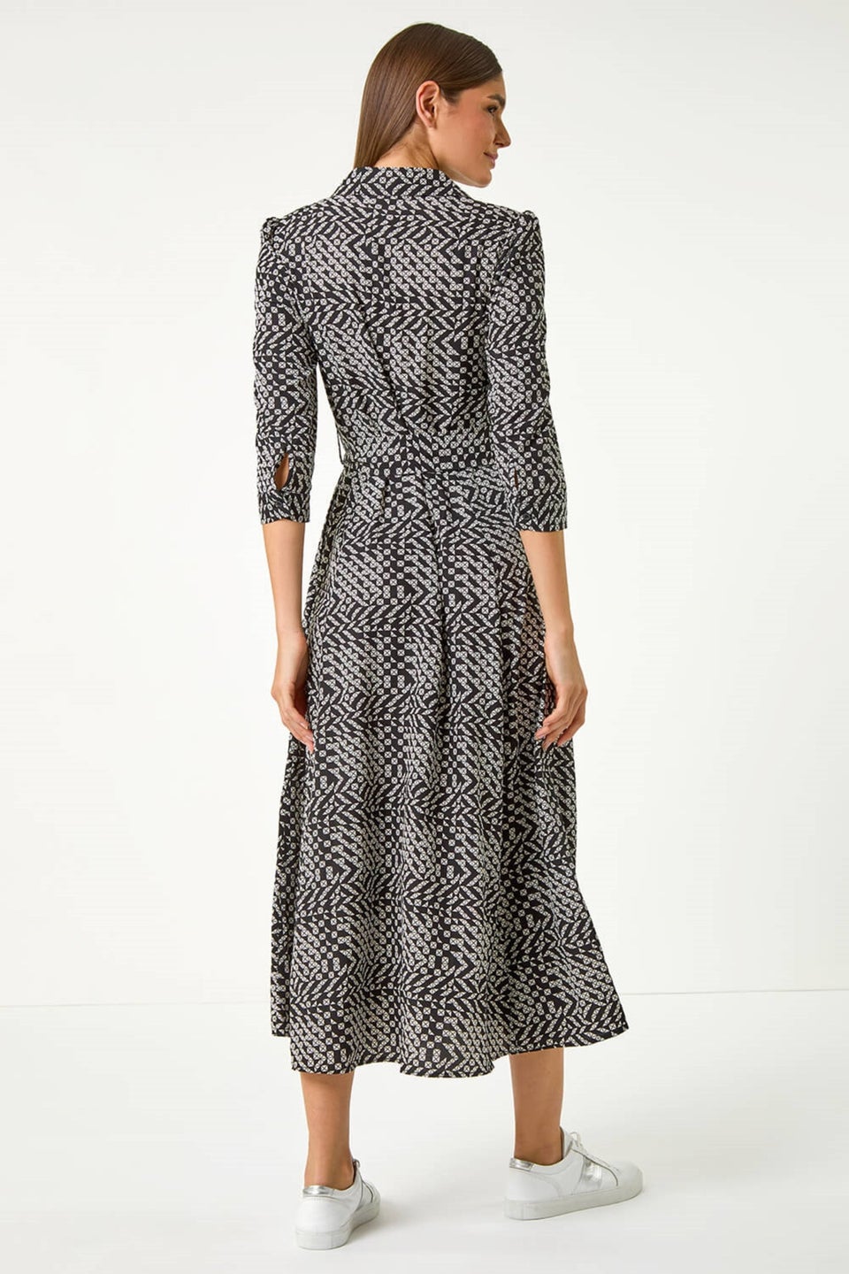 Roman Black Geometric Print Tie Waist Midi Shirt Dress Matalan