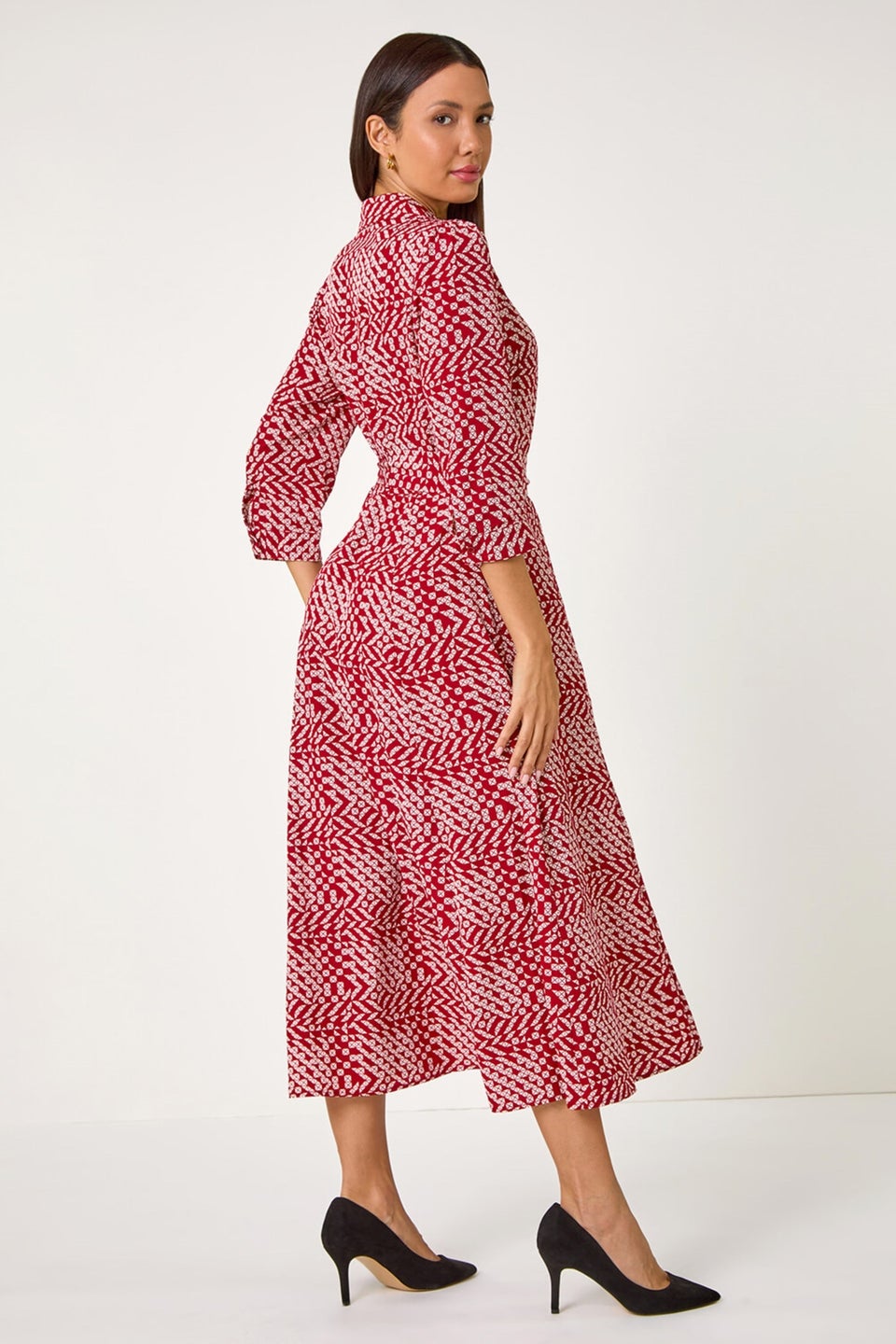 Roman Red Geometric Tie Waist Stretch Midi Shirt Dress