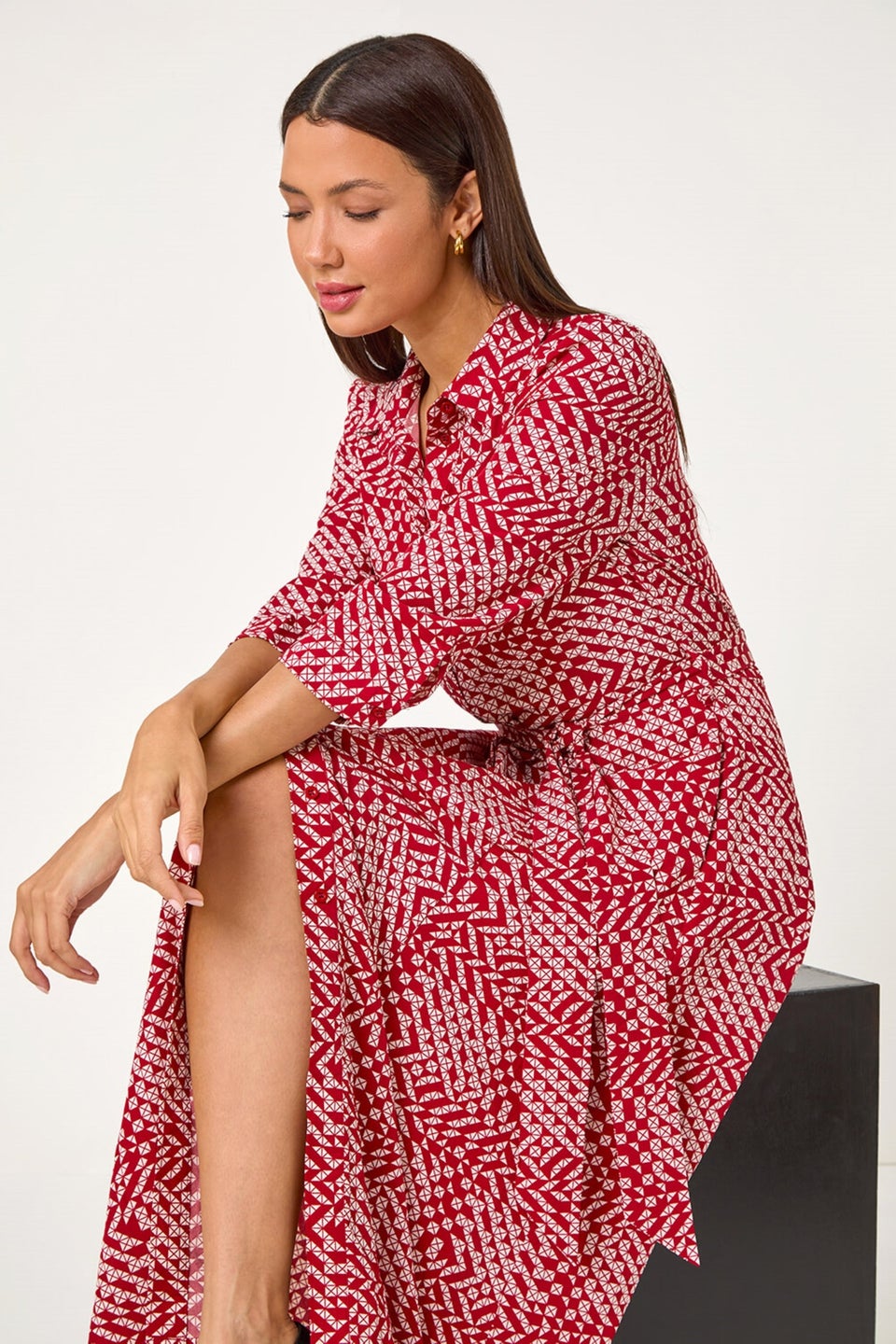 Roman Red Geometric Print Tie Waist Midi Shirt Dress