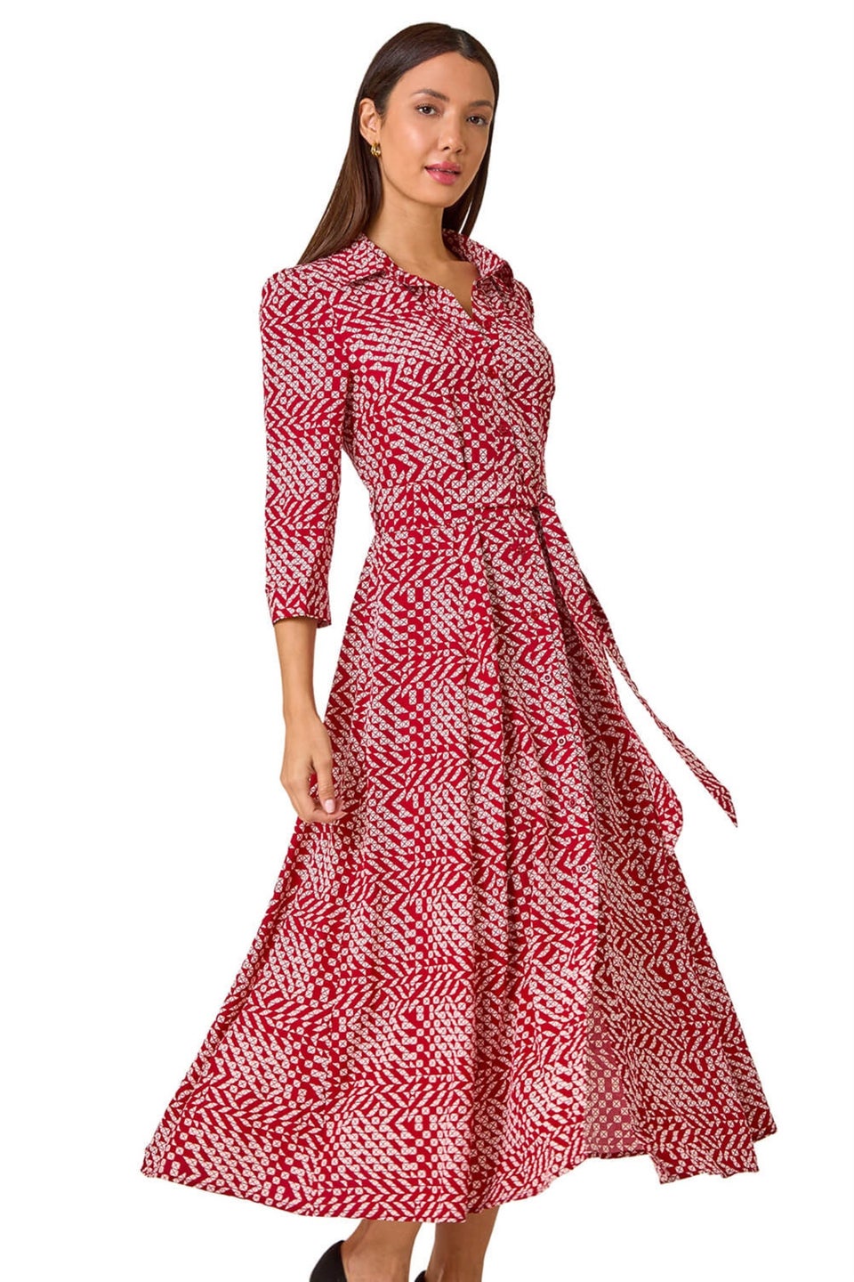 Roman Red Geometric Tie Waist Stretch Midi Shirt Dress