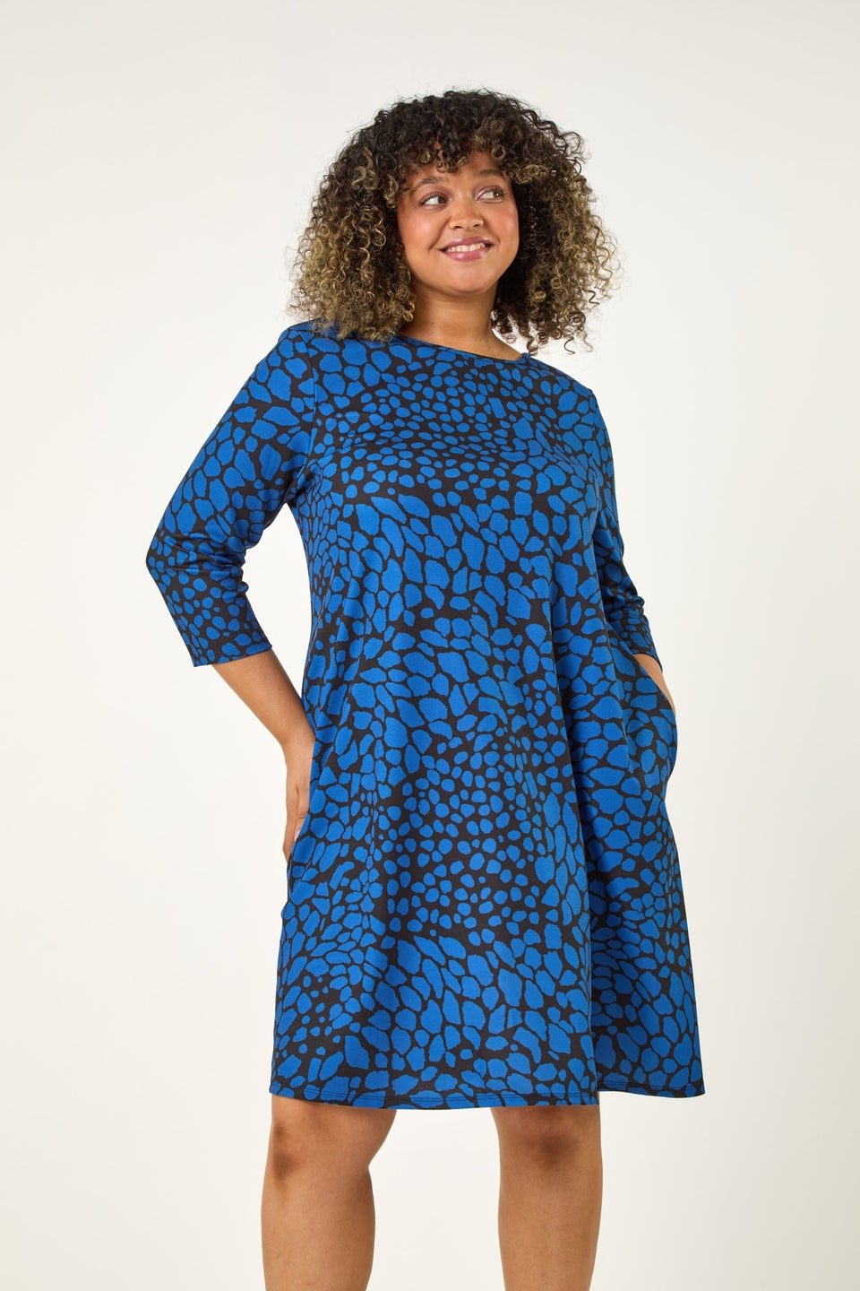 Roman Ink Blue Curve Abstract Print Stretch Swing Dress