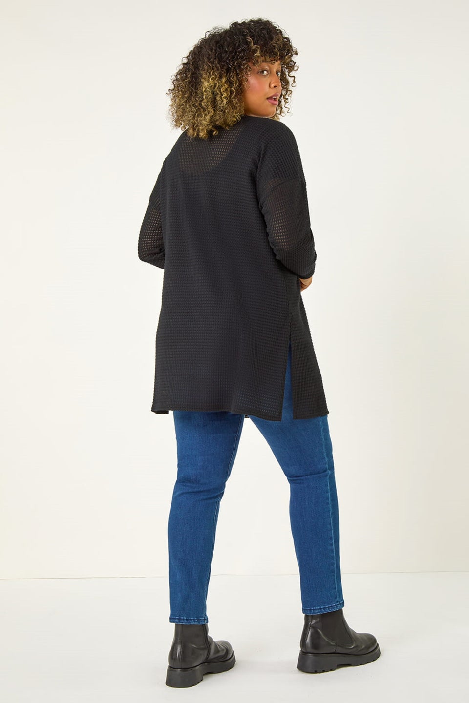 Roman Black Curve Textured Longline Cardigan