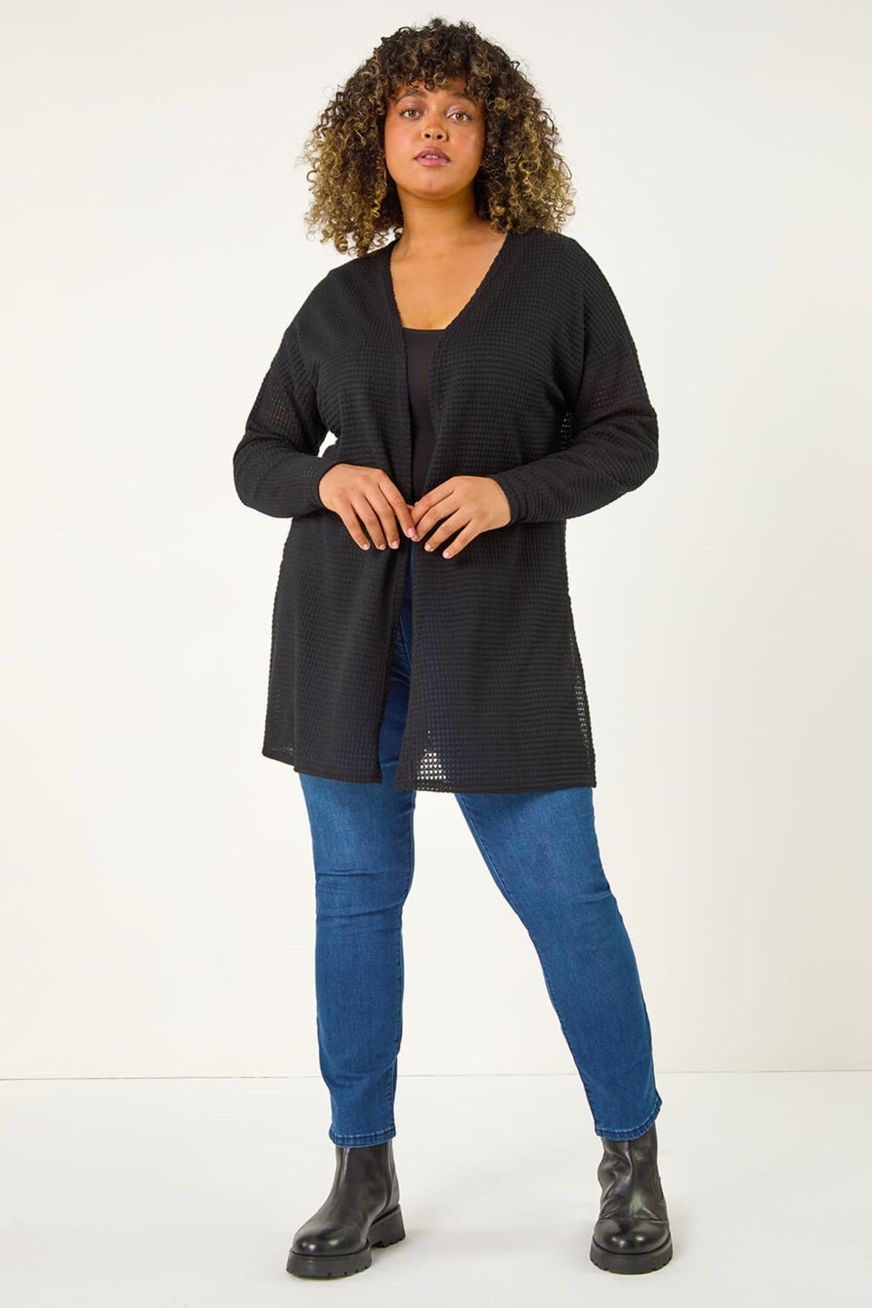 Roman Black Curve Textured Longline Cardigan