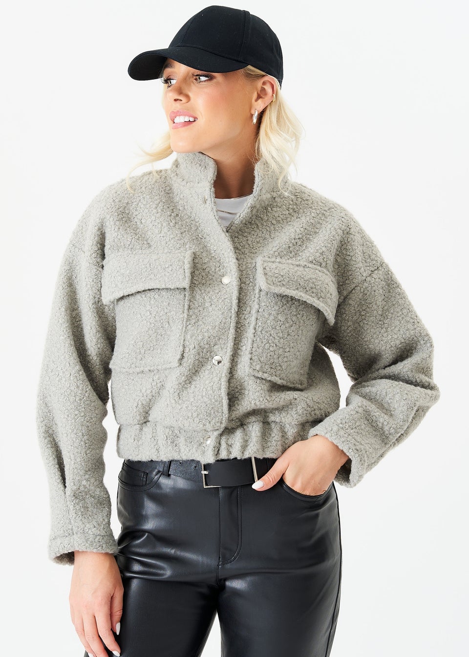 Gini London Grey Boucle Wool Elasticated Waist Cropped Jacket