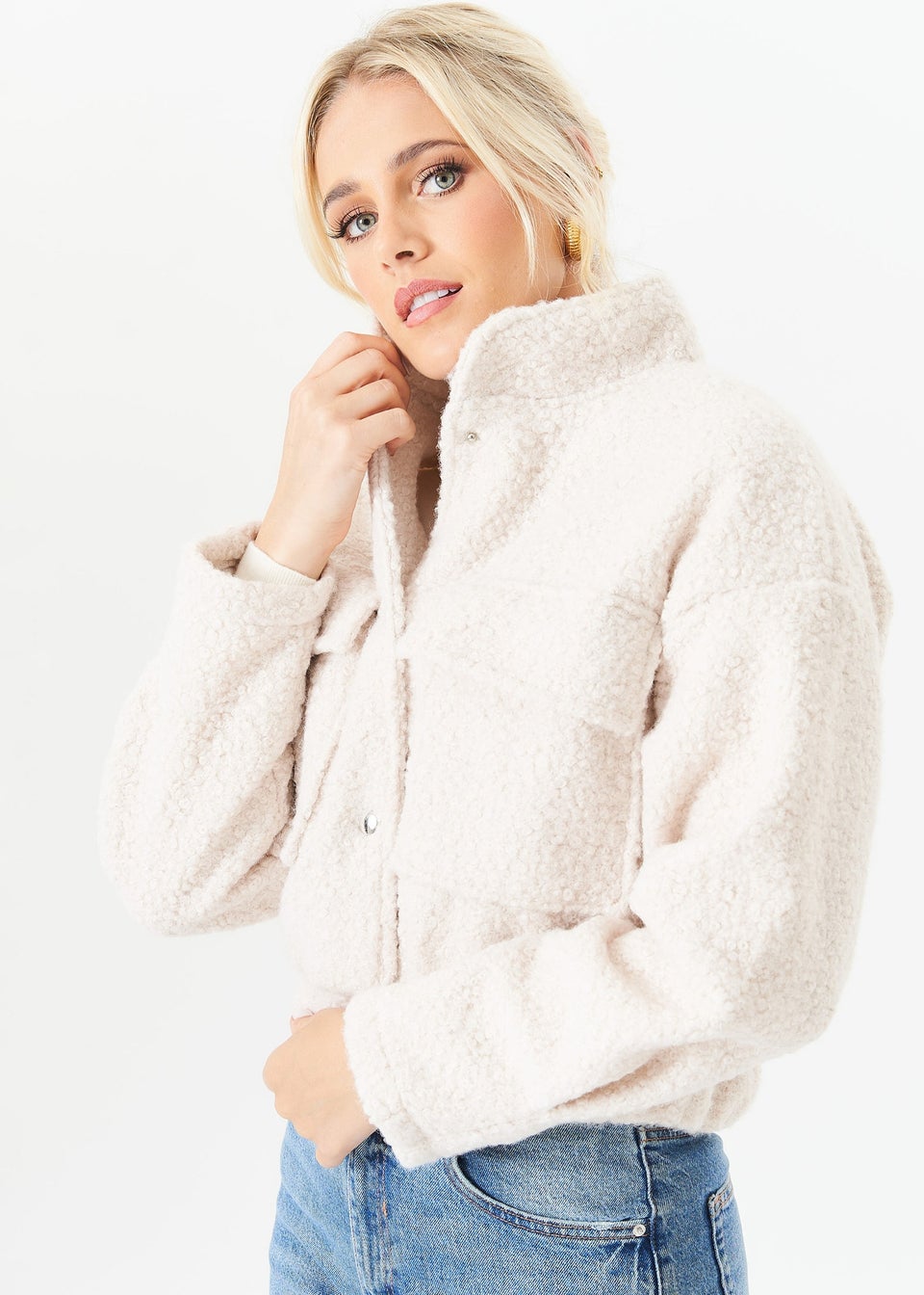 Gini London Beige Boucle Wool Elasticated Waist Cropped Jacket