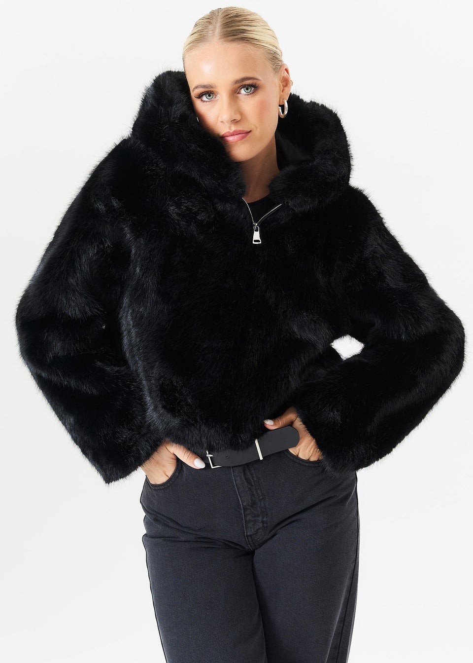 Gini London Black Zip Front Cropped Faux Fur Jacket