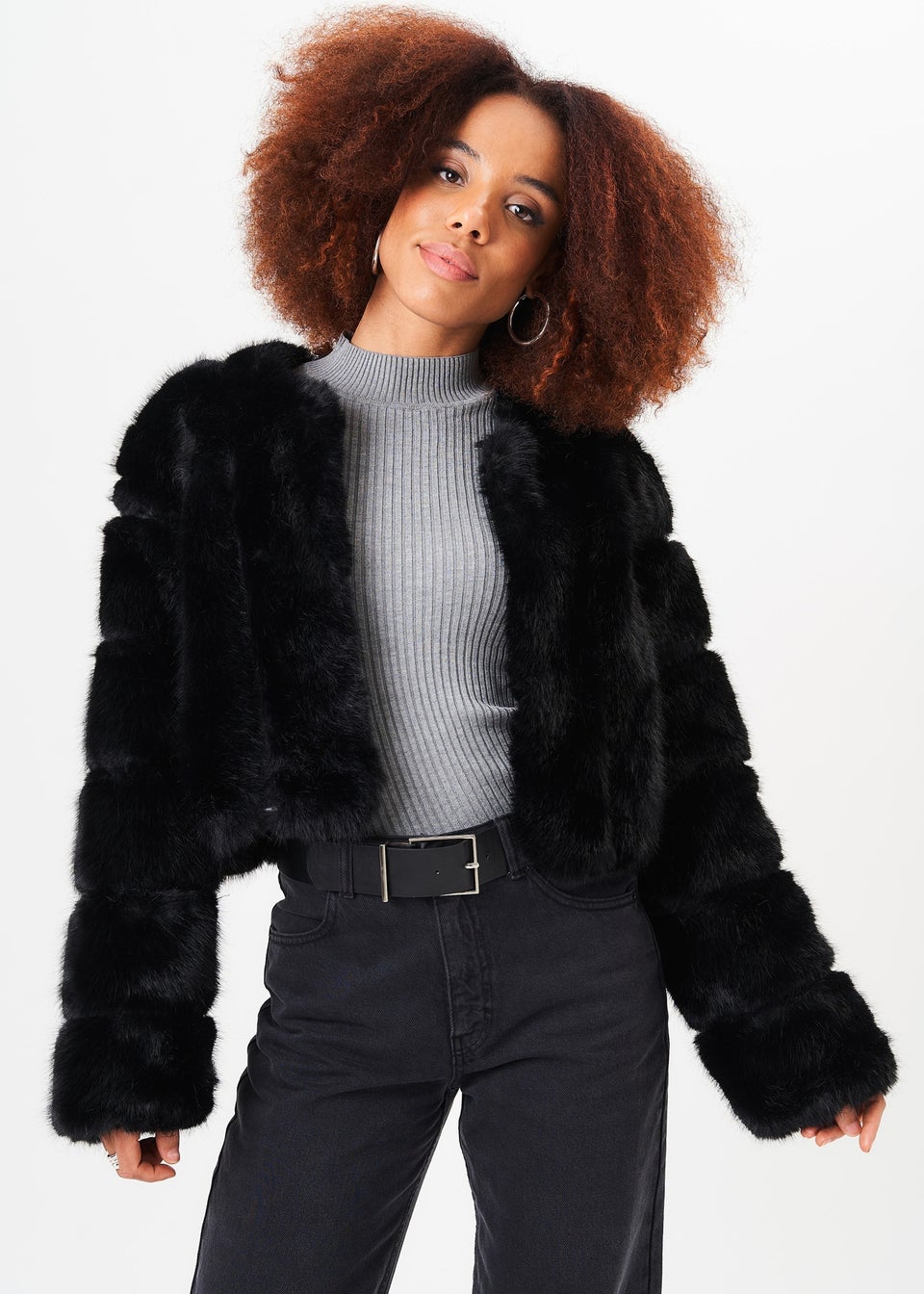 Gini London Black Panel Faux Fur Crop Jacket