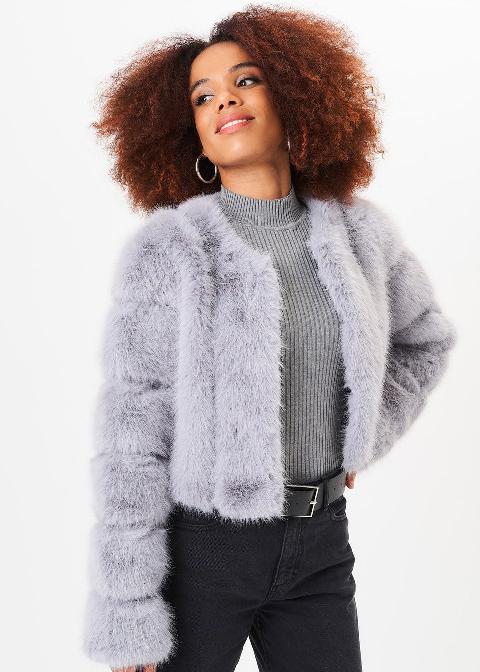 Silver faux fur jacket top
