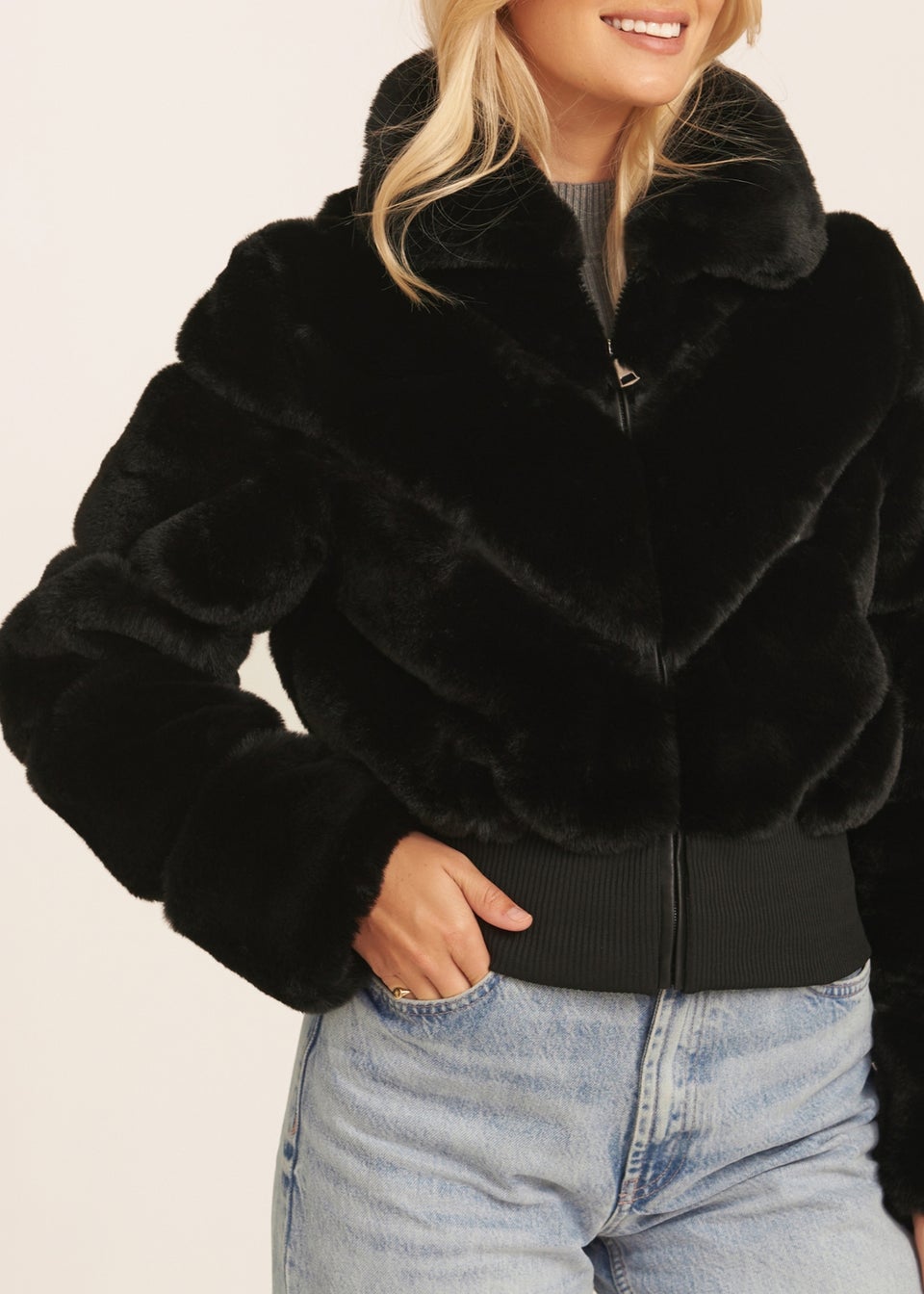 Black faux fur zip up jacket cheap