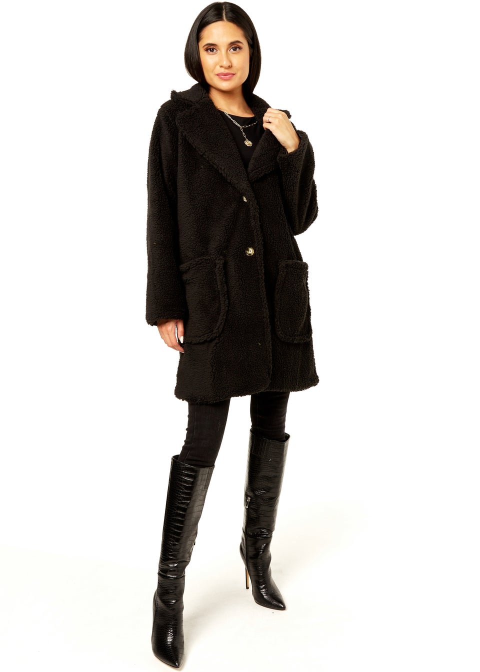 Gini London Black Faux Fur Longline Teddy Overcoat Matalan