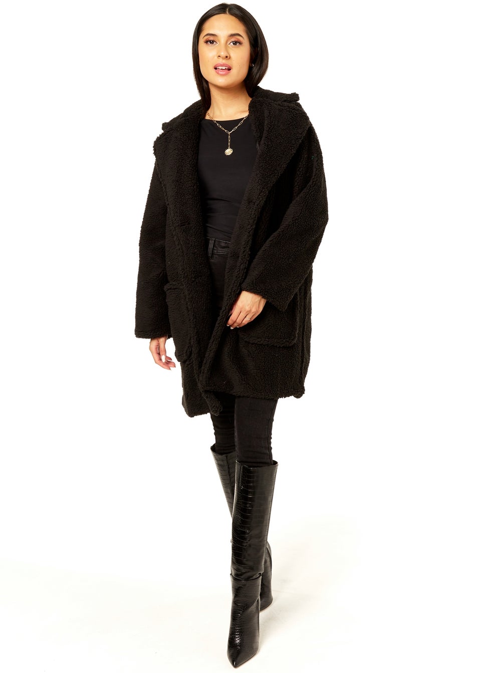 Black faux fur teddy bear coat sales