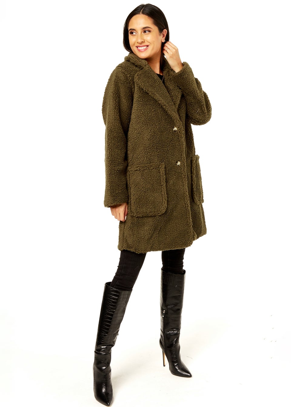 Gini London Khaki Faux Fur Longline Teddy Overcoat Matalan