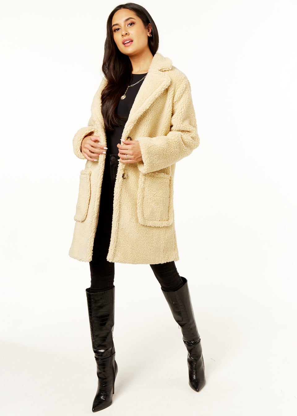 Camel longline teddy coat shop
