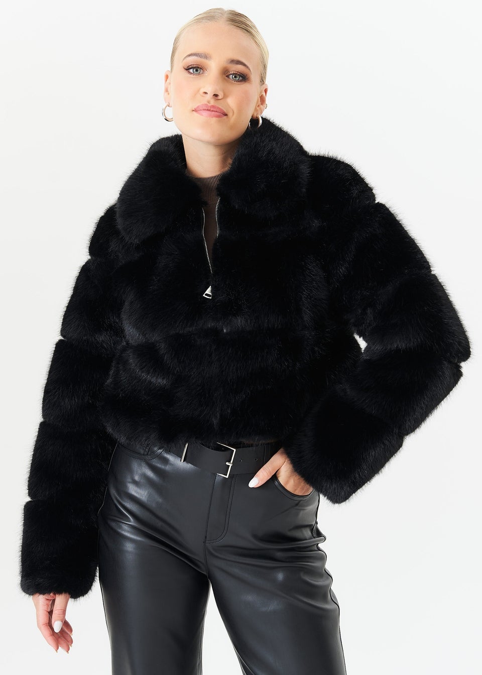 Gini London Black Panel Faux Fur Cropped Jacket Matalan
