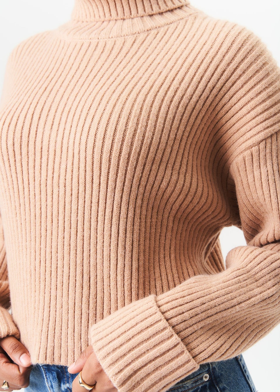 Gini London Camel High Neck Chunky Knit Crop Jumper