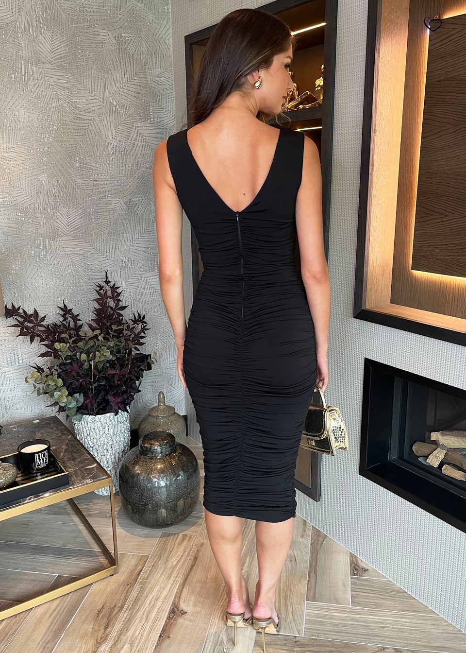 AX Paris Black V Neck Ruched Bodycon Midi Dress Matalan
