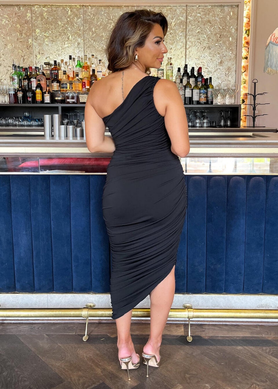 AX Paris Black One Shoulder Asymmetric Hem Ruched Midi Dress
