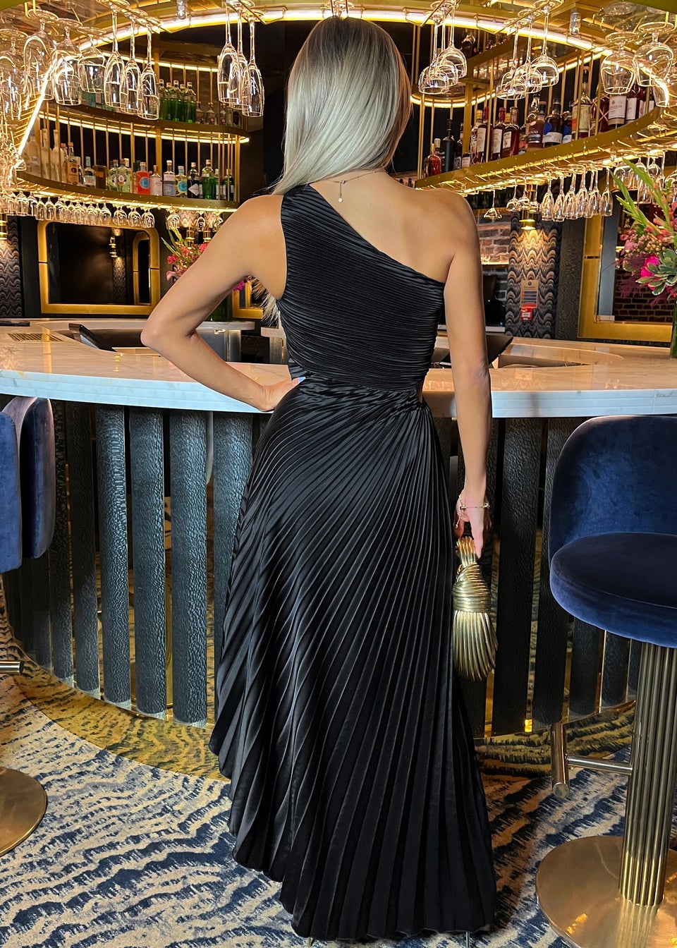 AX Paris Black One Shoulder Pleated Satin Midi Dress