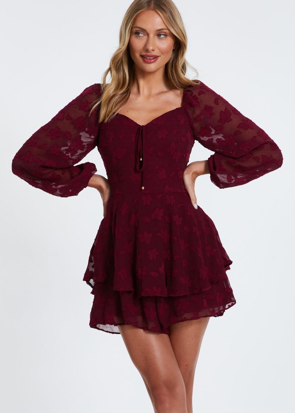 Quiz Burgundy Floral Jacquard Tiered Playsuit Matalan