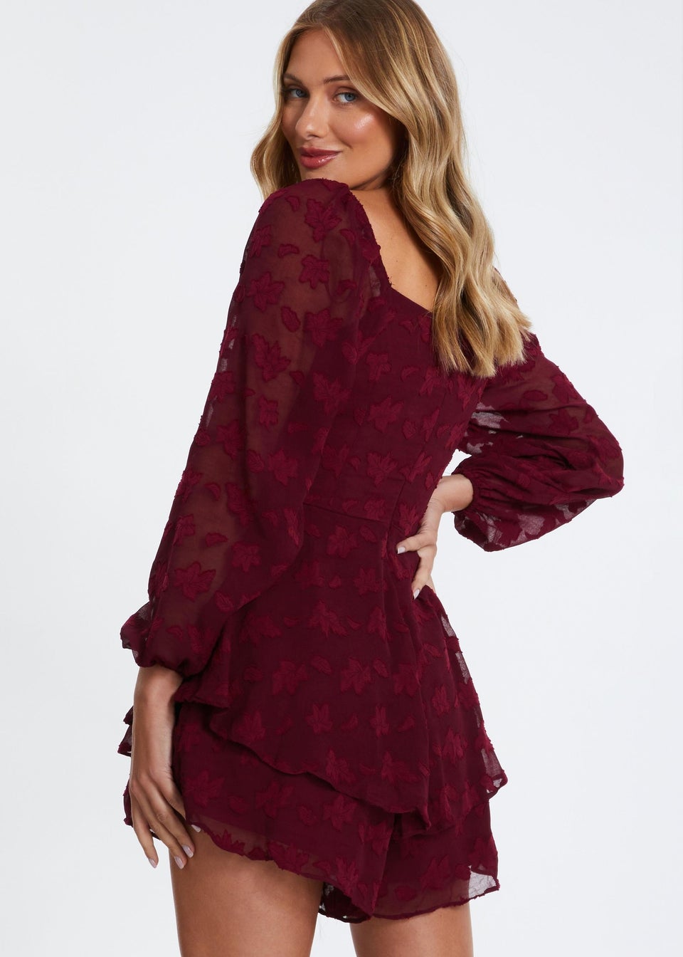 Quiz Burgundy Floral Jacquard Tiered Playsuit