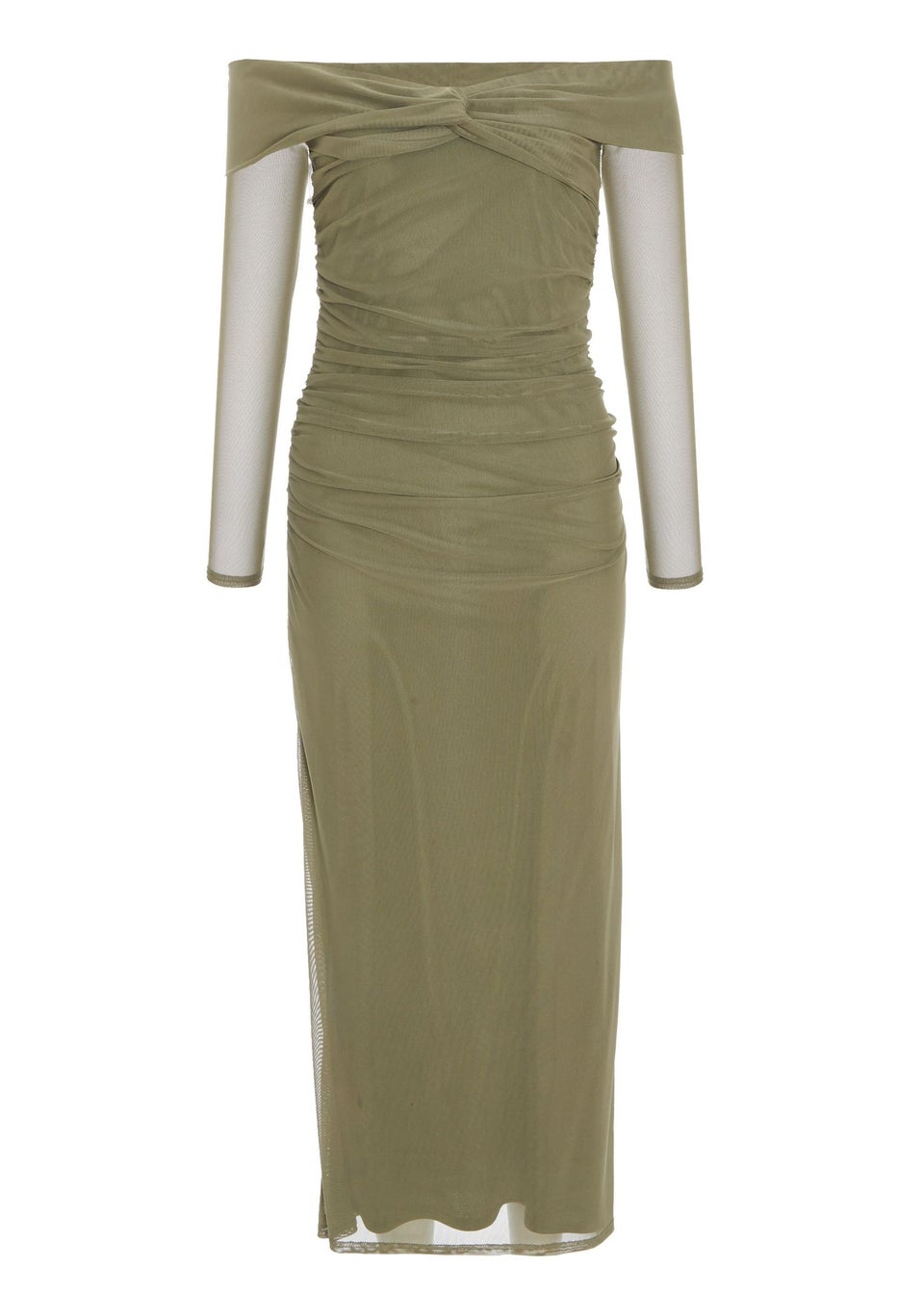 Quiz Khaki Mesh Twist Bardot Midaxi Dress