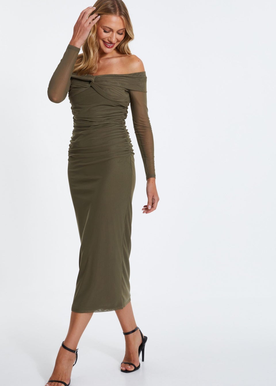 Quiz Khaki Mesh Twist Bardot Midaxi Dress