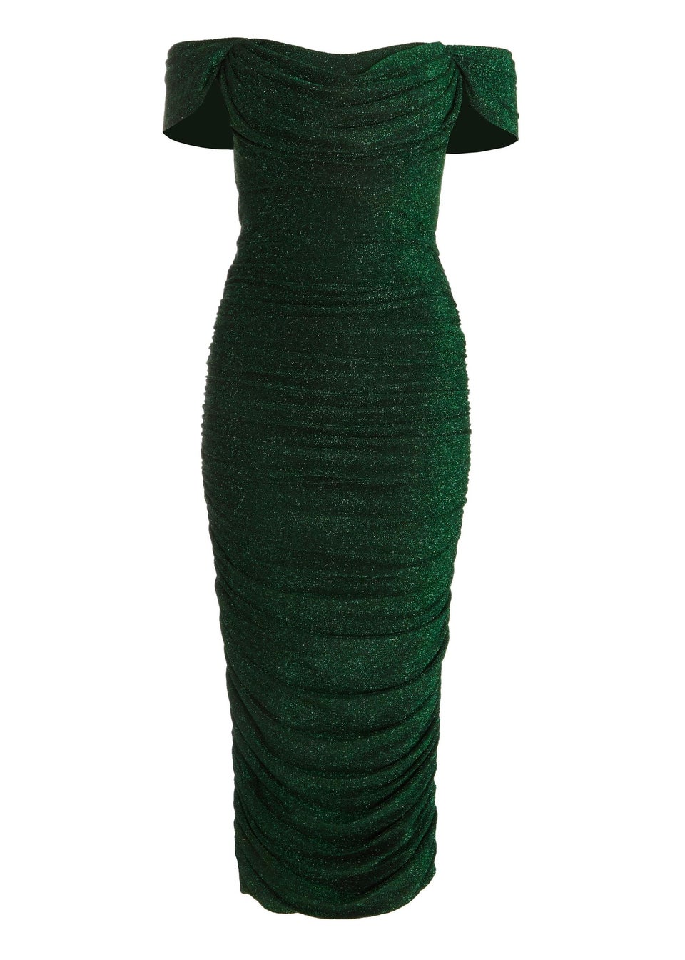 Quiz Green Shimmer Bardot Ruched Midi Dress