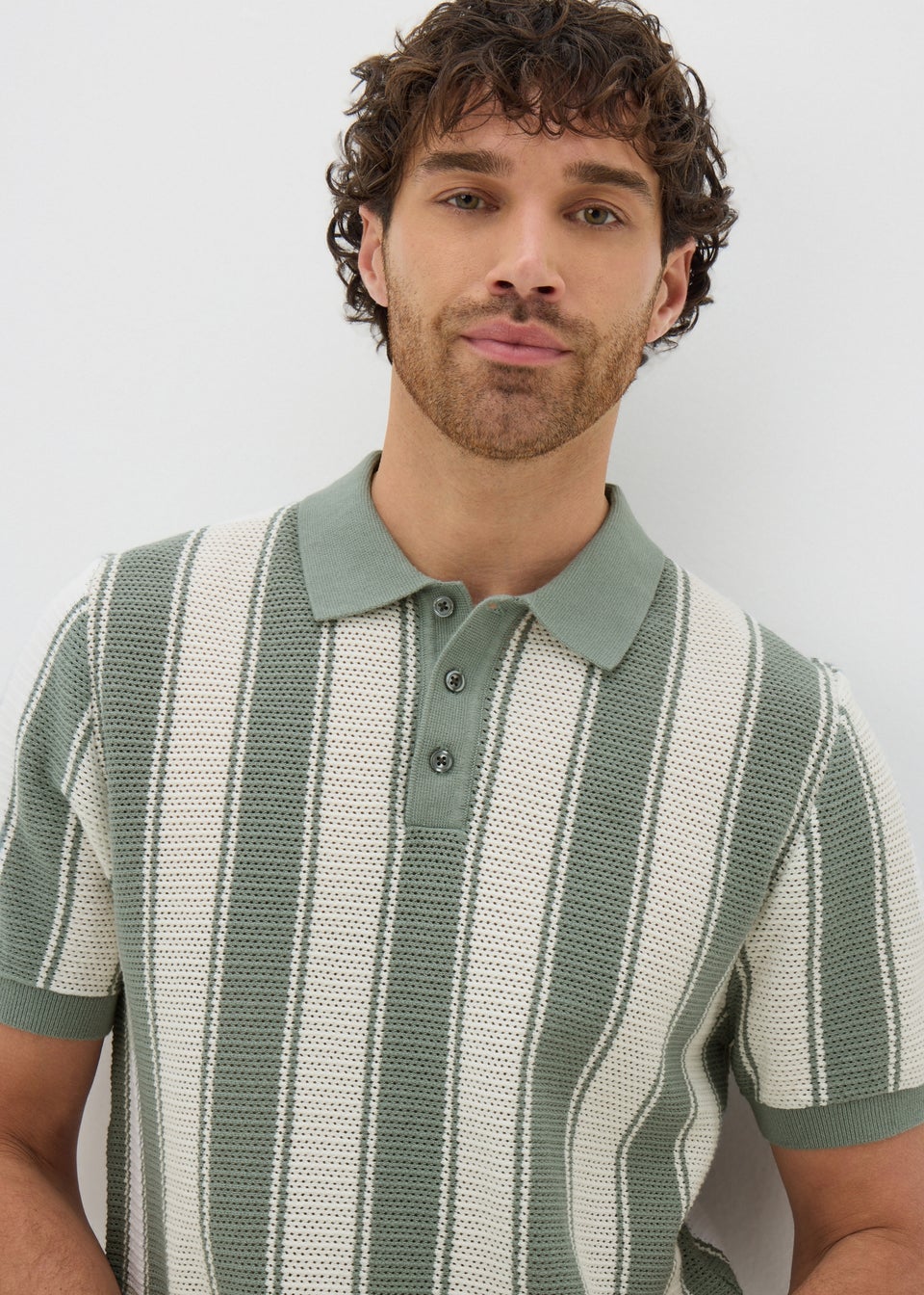 Sage Stripe Knitted Polo Shirt