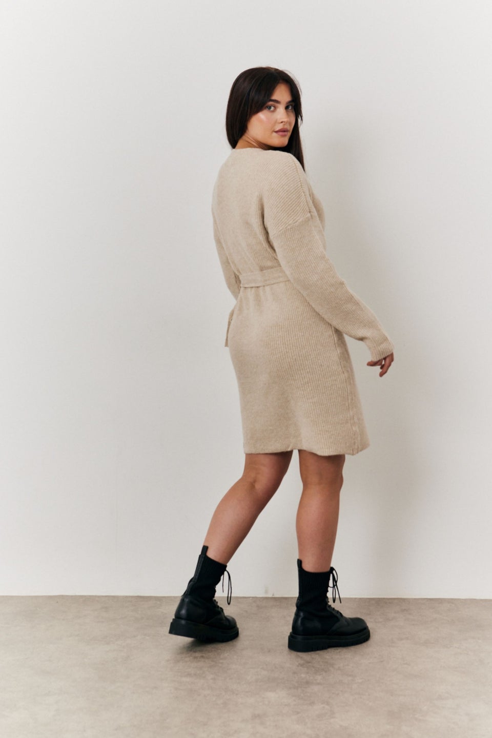 In The Style Oatmeal Knitted Wrap Dress