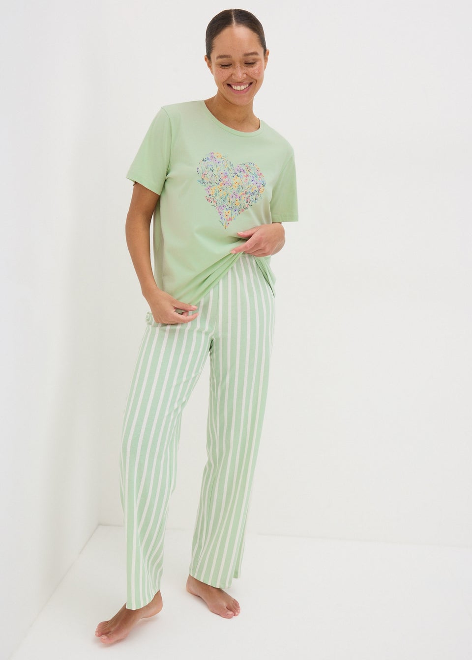 Sage Green Floral Heart Pyjama T-Shirt