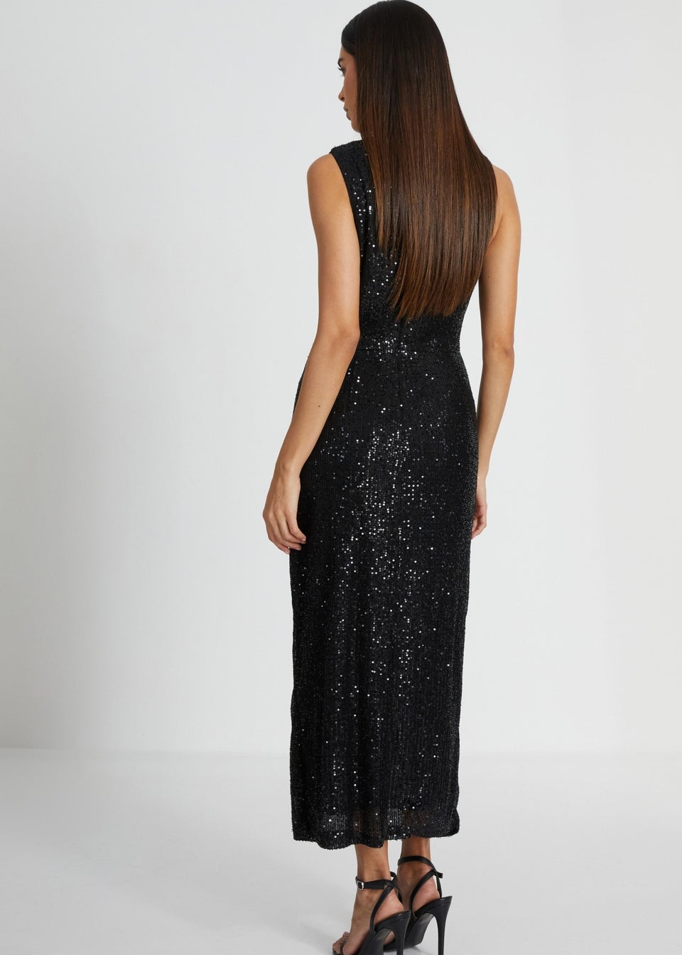 Quiz Black Sequin Ruched Side Midaxi Dress