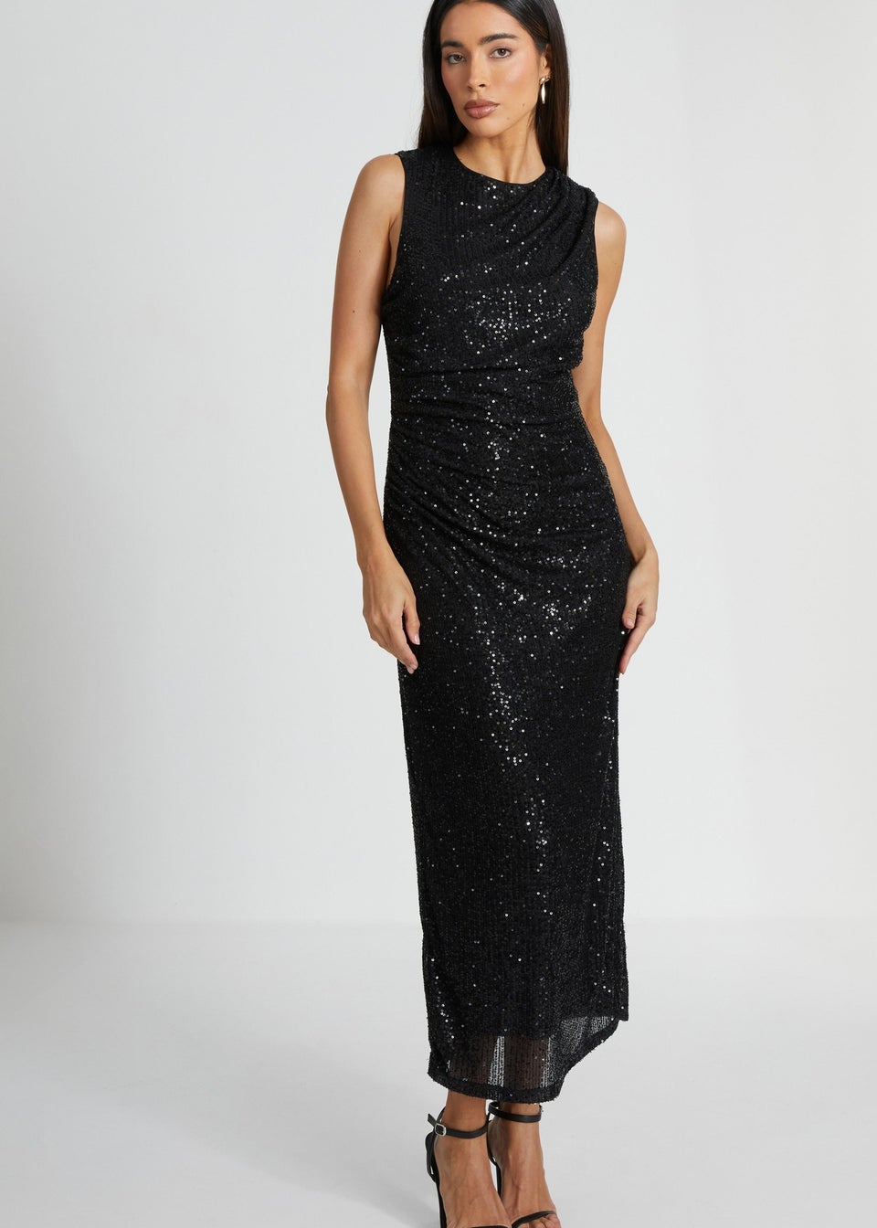 Quiz Black Sequin Ruched Side Midaxi Dress
