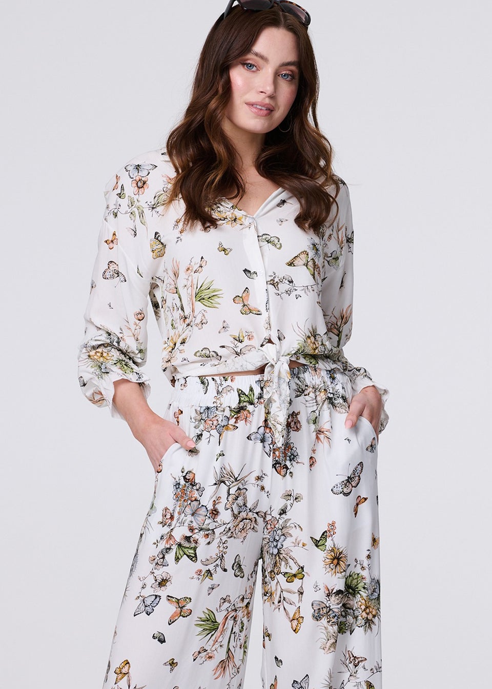 Izabel London Beige Butterfly Print Long Sleeve Shirt
