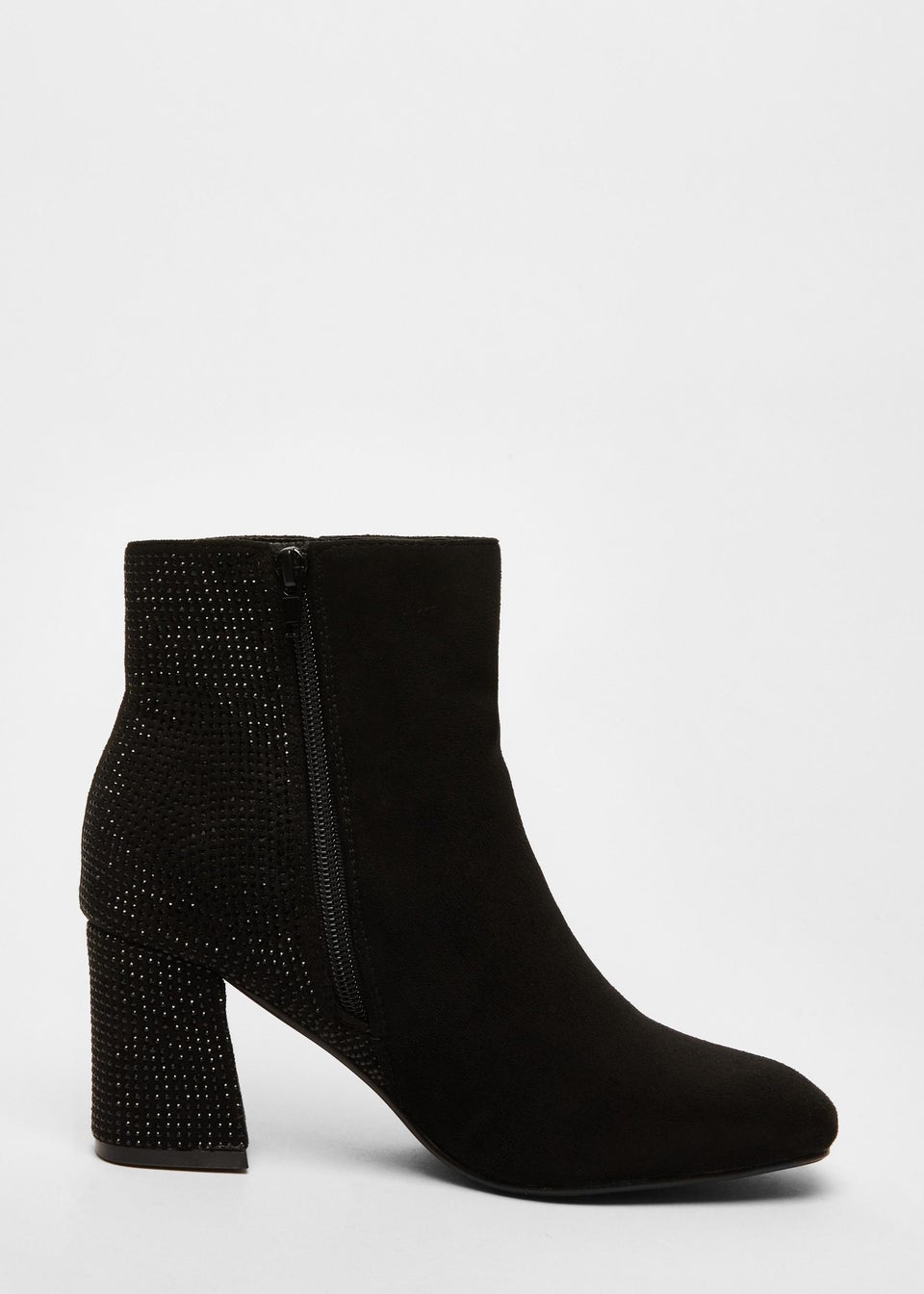 Quiz Black Faux Suede Diamante Heeled Boots Matalan