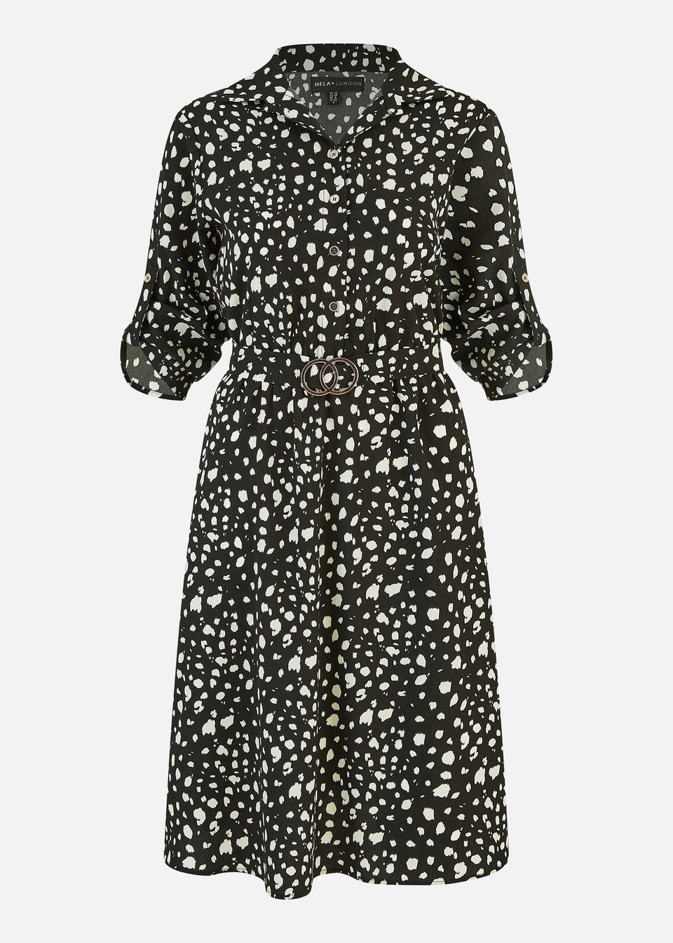 Mela Black Dash Print Skater Dress With Buckle