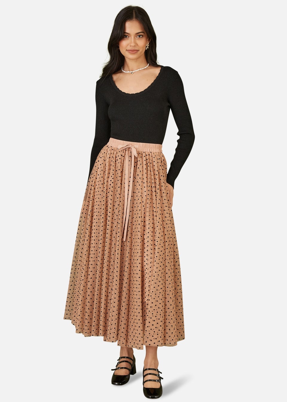 Yumi Brown Mesh Heart Print Tulle Skirt Matalan