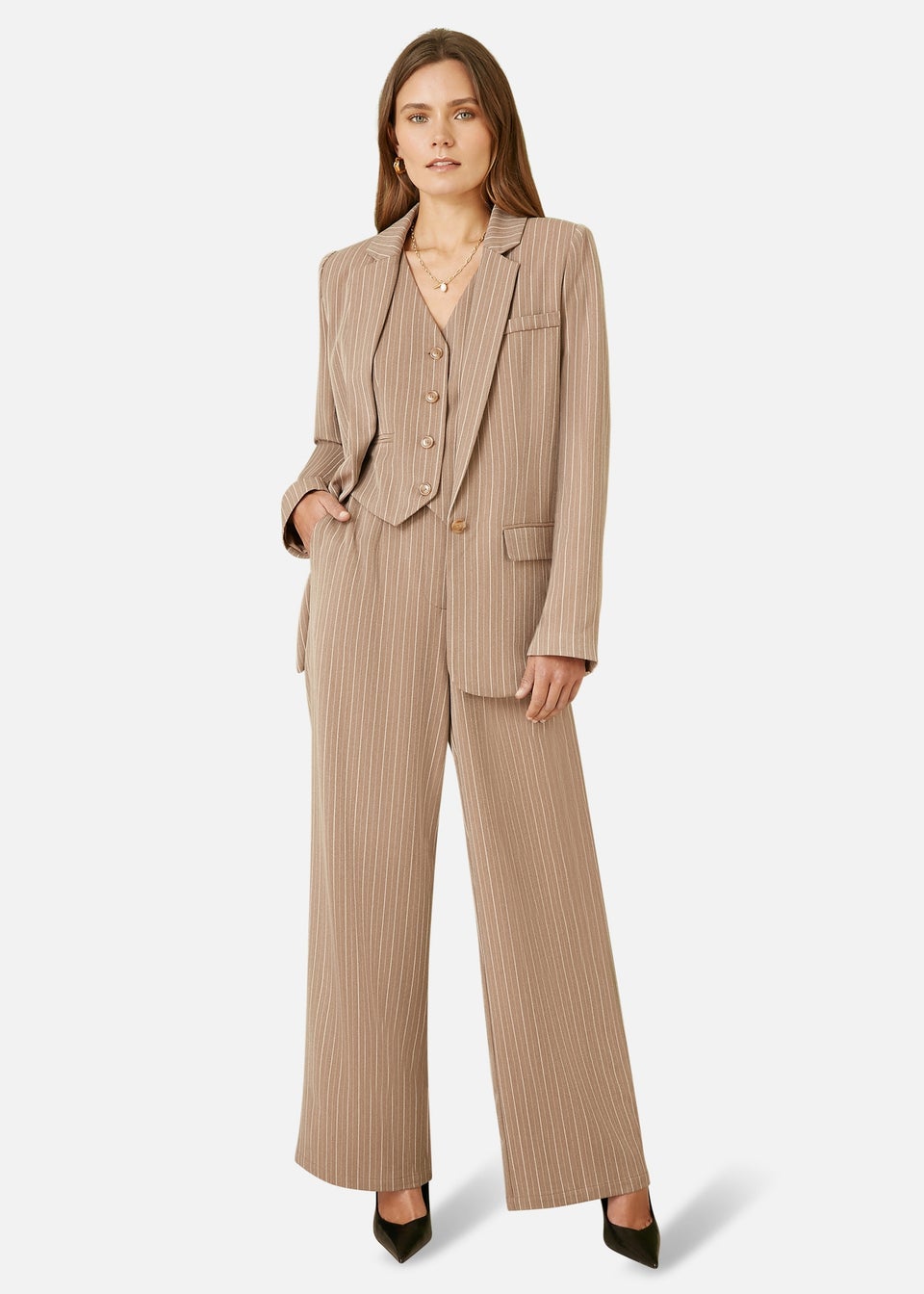 Yumi Brown Pinstripe Wide Leg Trousers