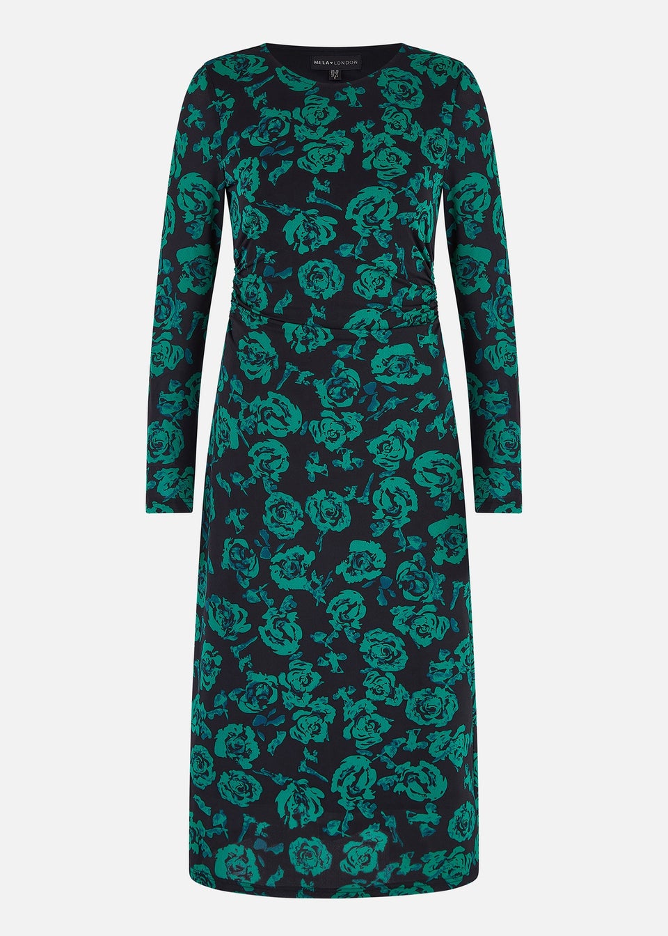 Yumi Green Floral Fitted Mesh Midi Dress With Long Sleeves