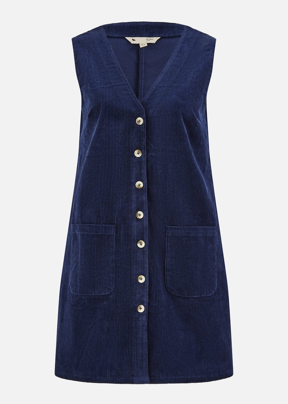 Yumi Navy Cord Button Through Pinafore Dress With Pockets