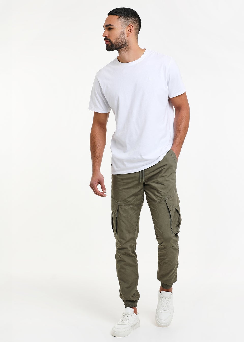 Threadbare Khaki Cotton Slim Fit Cuffed Cargo Trousers