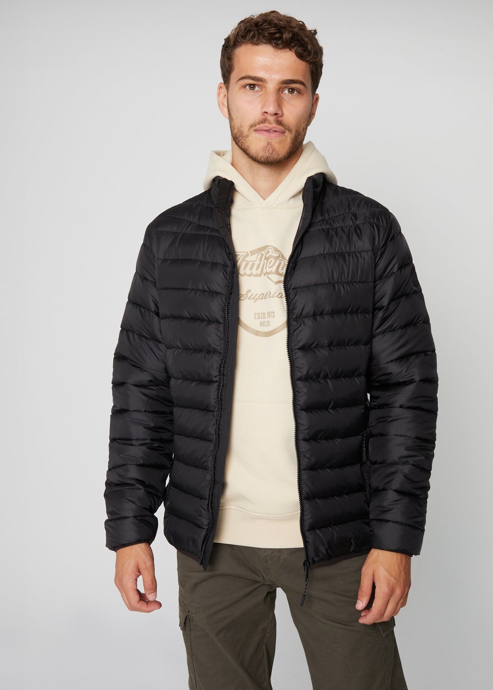 Threadbare Black Matte Finish Padded Funnel Neck Jacket Matalan