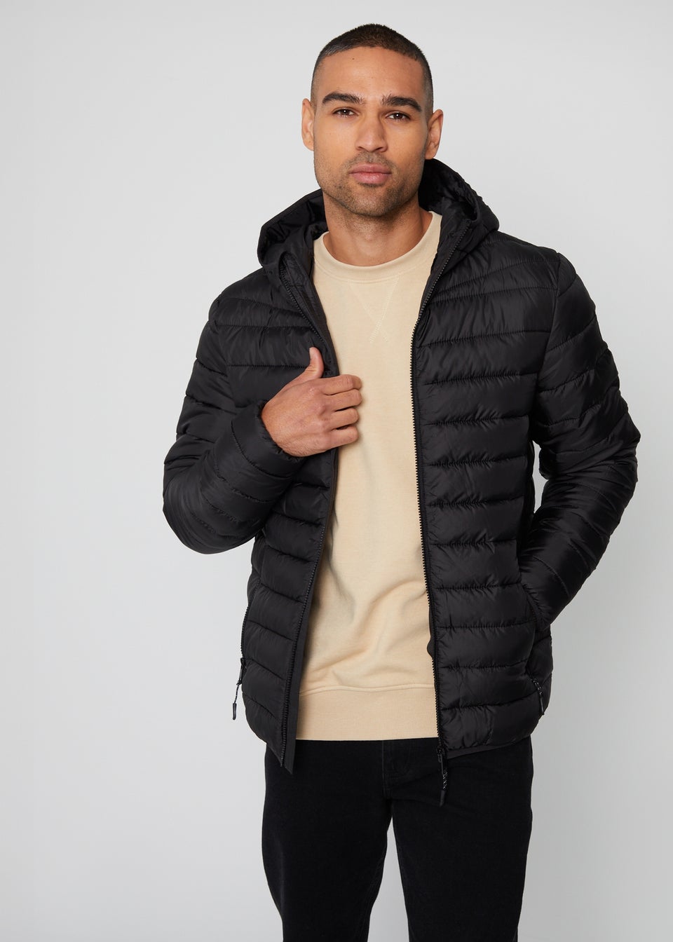 Black padded hooded coat online