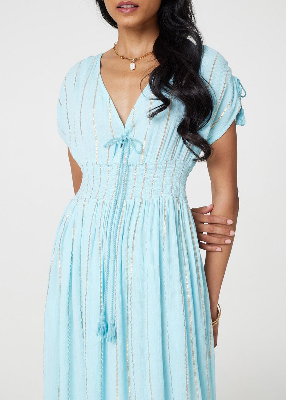 Izabel London Blue Striped Cap Sleeve Empire Maxi Dress