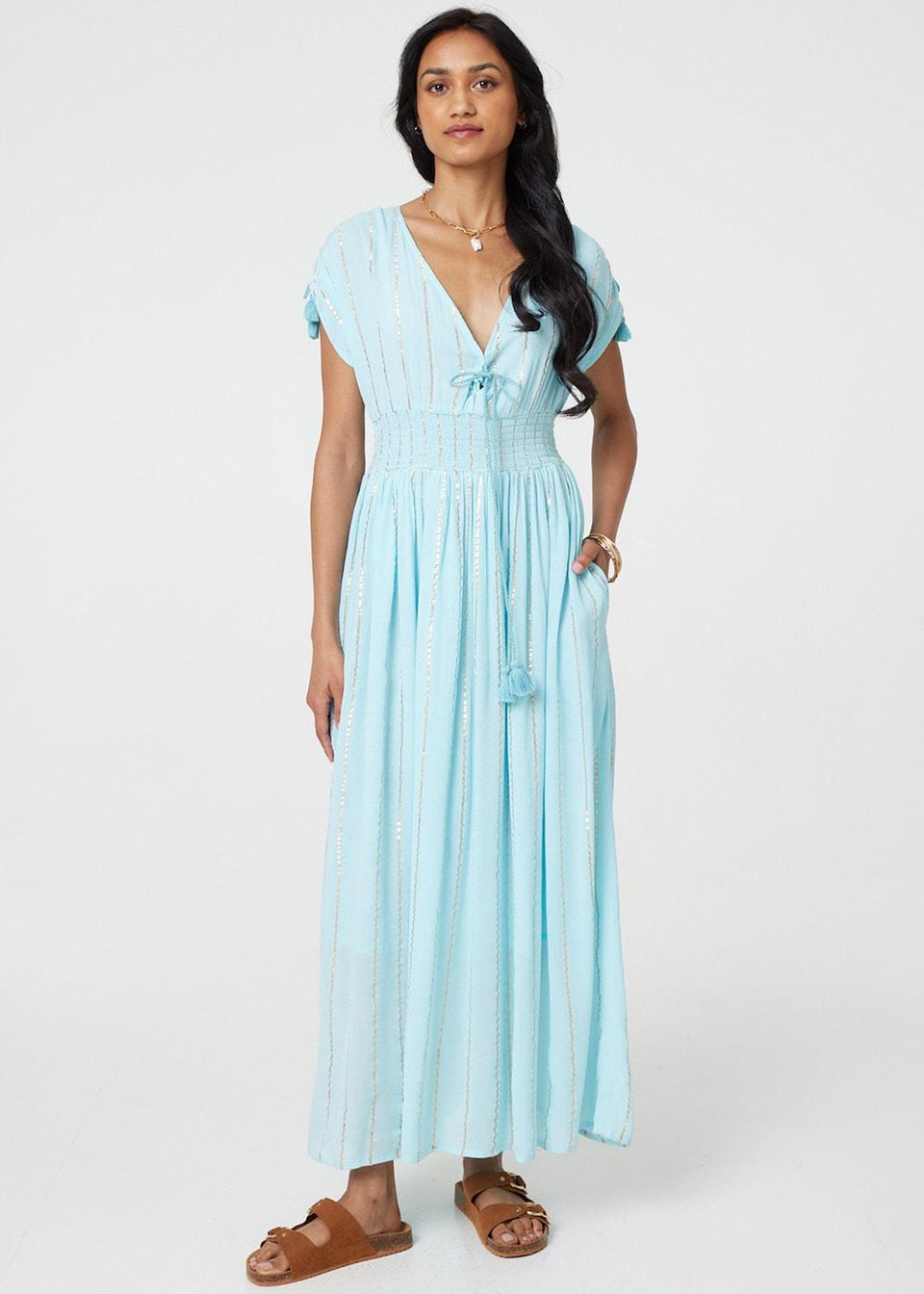 Izabel London Blue Striped Cap Sleeve Empire Maxi Dress