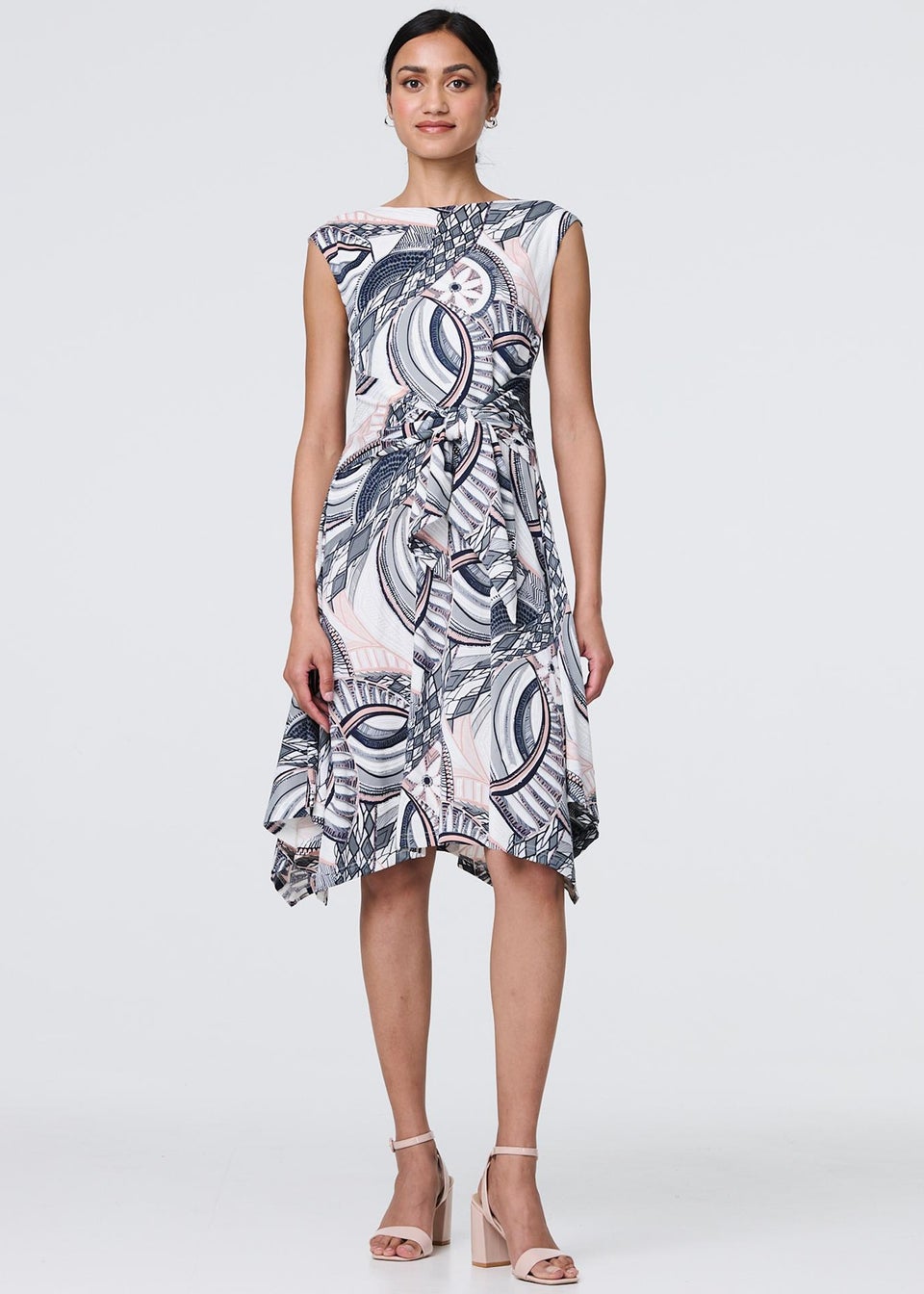 Izabel London Blue Printed Tie Front Knee Length Dress