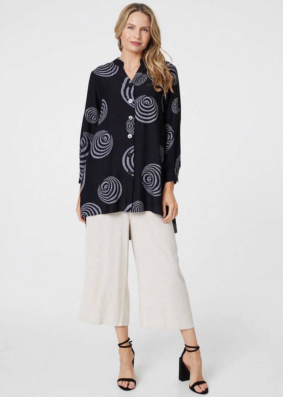Izabel London Black Geo Print Long Sleeve Relaxed Shirt