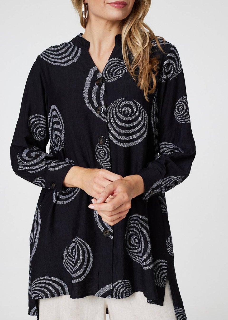 Izabel London Black Geo Print Long Sleeve Relaxed Shirt