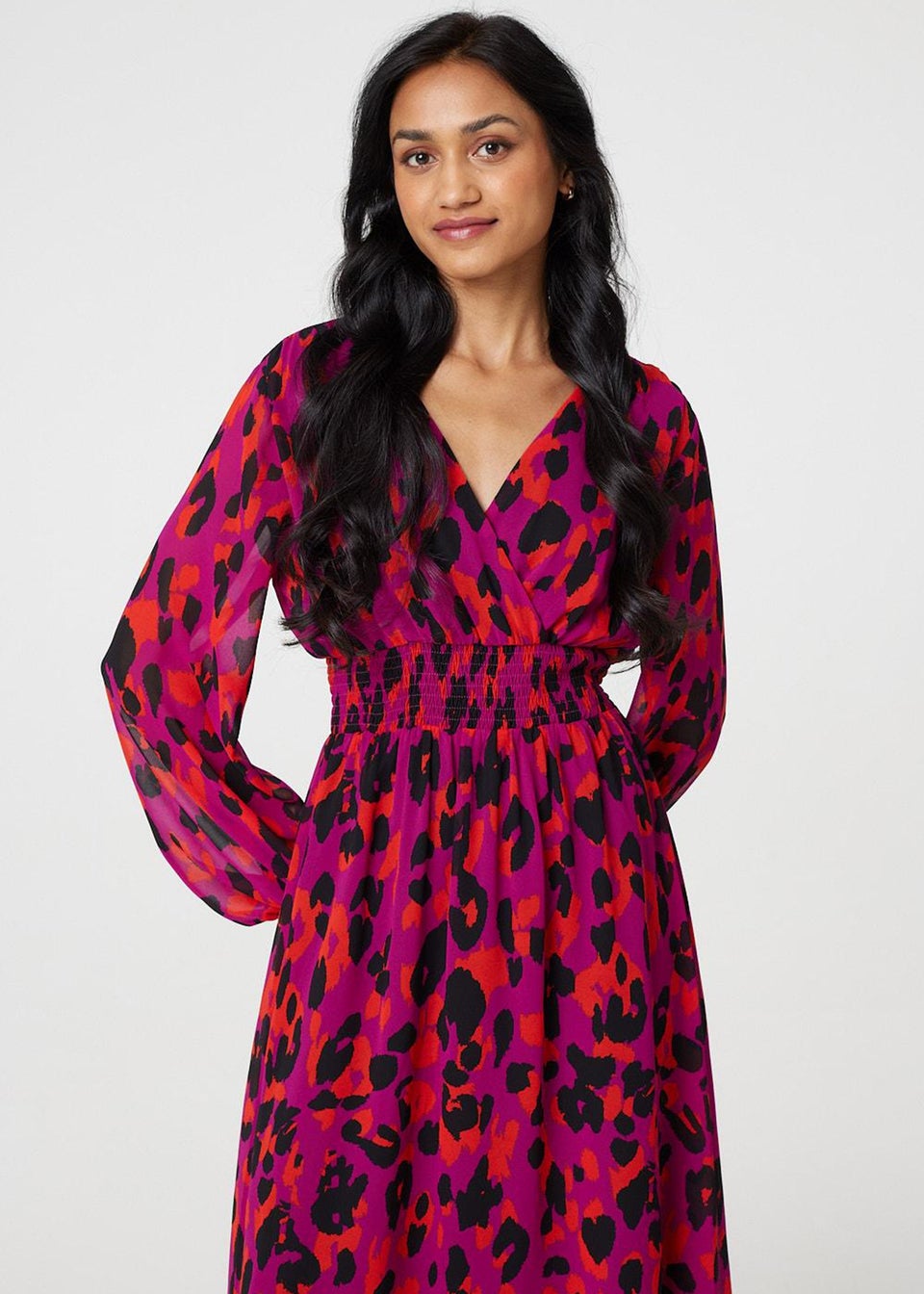 Izabel London Purple Animal Print V Neck Curve Hem Midi Dress Matalan
