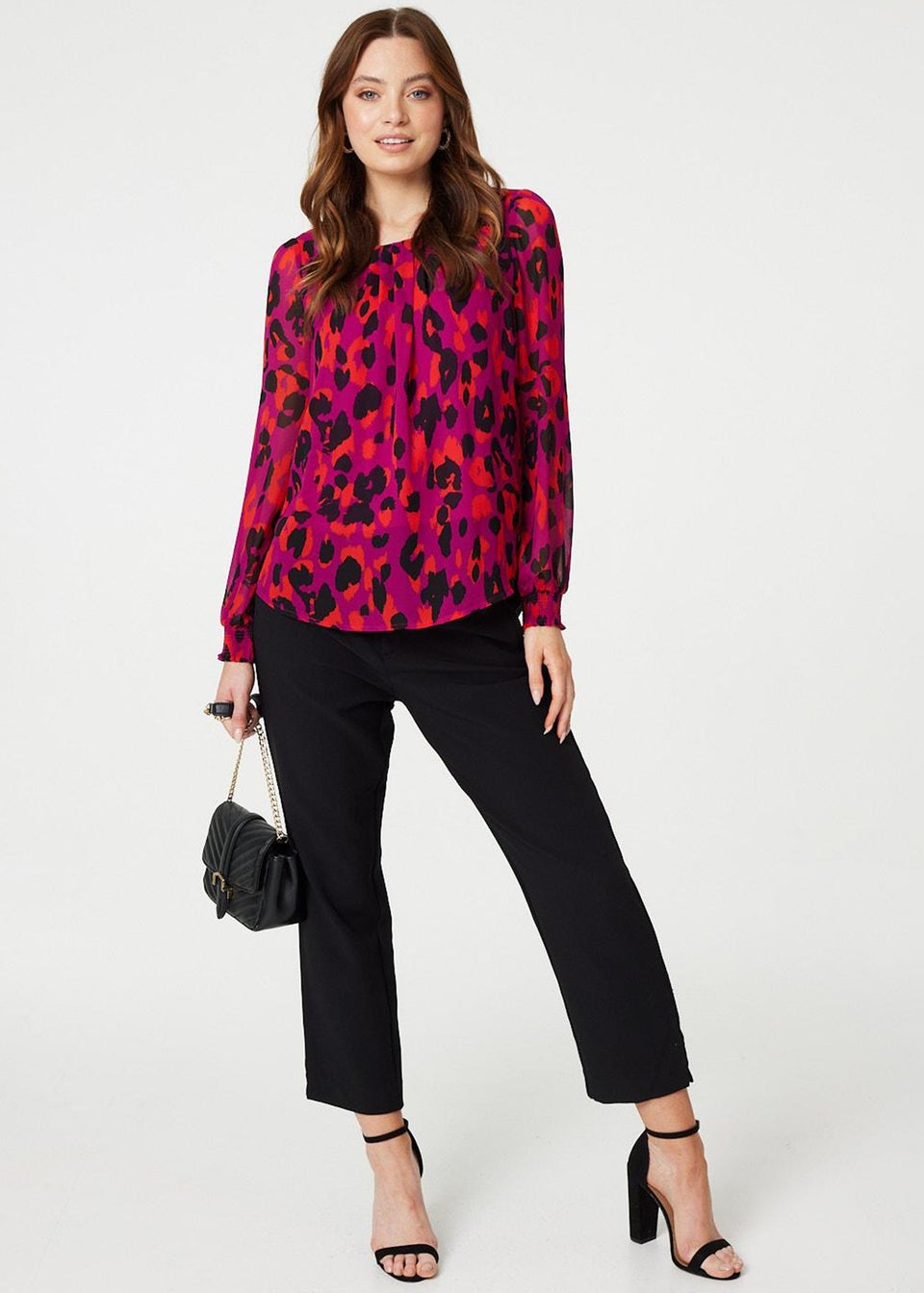 Izabel London Pink Animal Print Long Sleeve Ruched Blouse